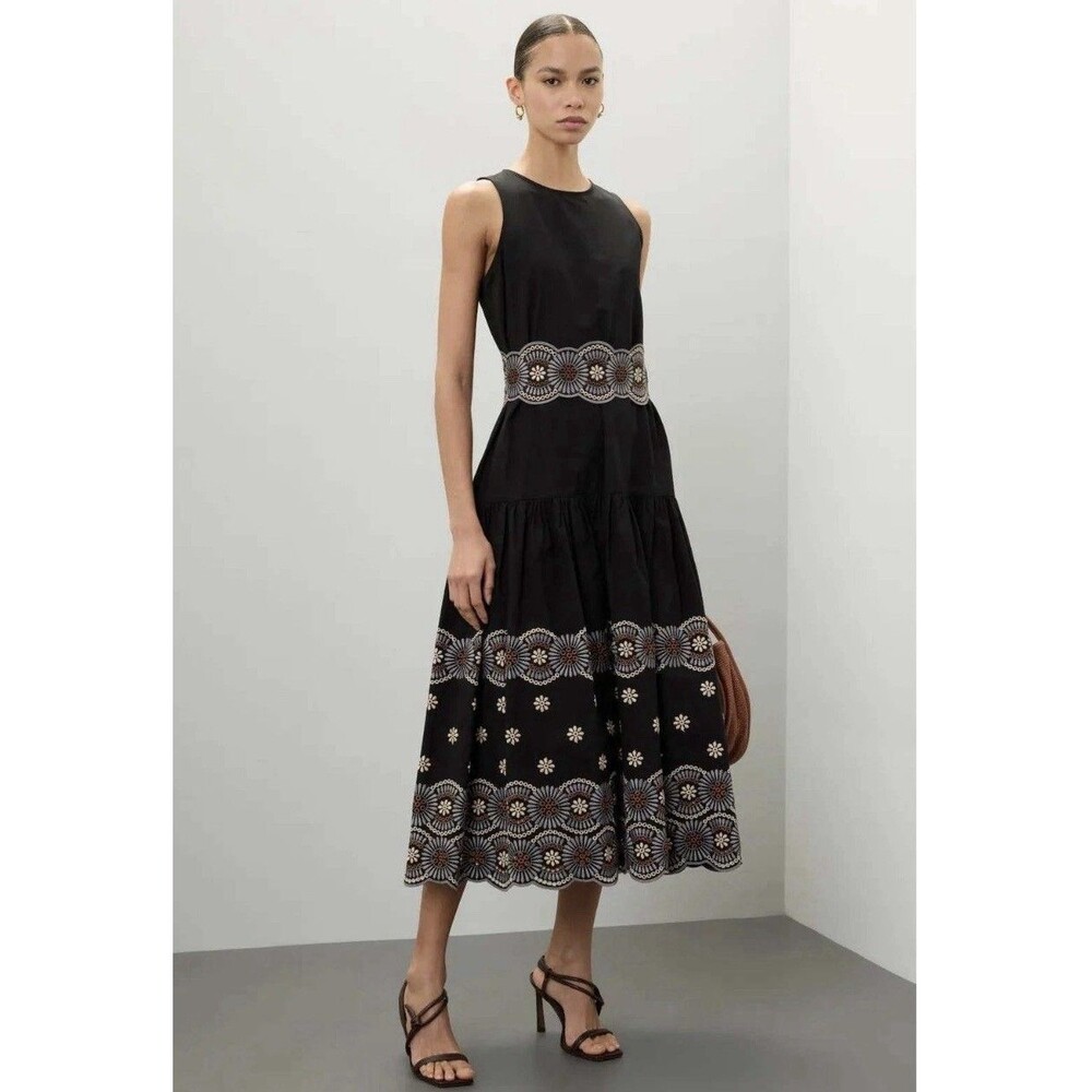 Vanessa Bruno Alais Dress Black Sleeveless Embroidered Tiered Midi Sz 36/2